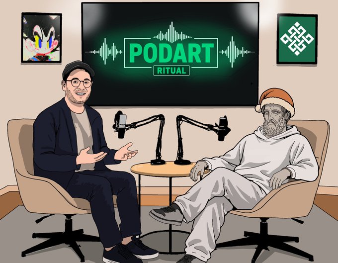 An illustrated cartoon of two men sitting in armchairs having a podcast conversation under a 'PODART RITUAL' sign, with microphones on a table between them and abstract artwork on the walls.