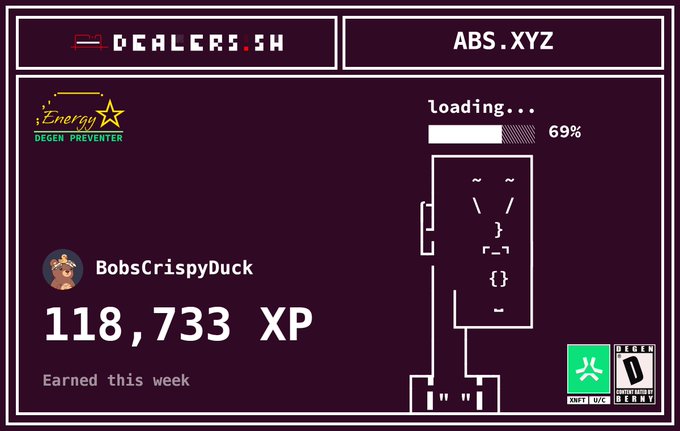 A loading screen for 'ABS.XYZ' showing the username 'BobsCrispyDuck' with 118,733 XP earned that week, a 69% loading bar, and an ASCII art character.
