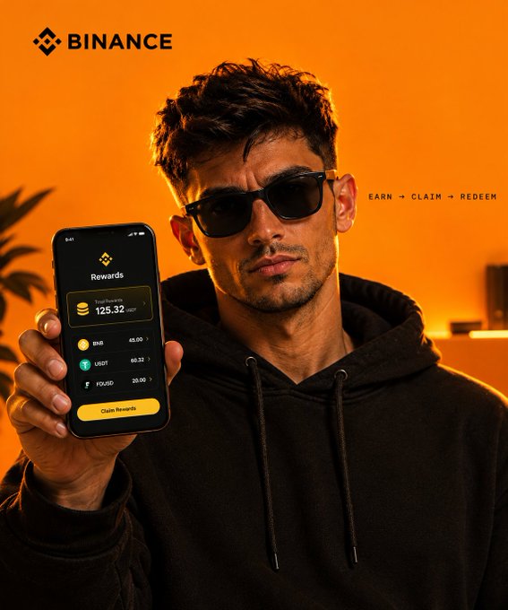 A Binance advertisement featuring a man in sunglasses and a black hoodie holding up a smartphone displaying crypto rewards (BNB, USDT, FDUSD) with the tagline 'EARN → CLAIM → REDEEM'.