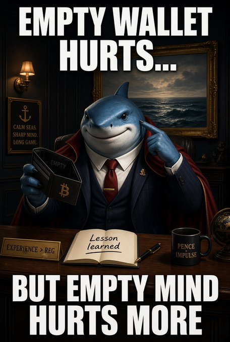 A motivational meme featuring a shark in a business suit reading a book, with text reading 'EMPTY WALLET HURTS... BUT EMPTY MIND HURTS MORE.'