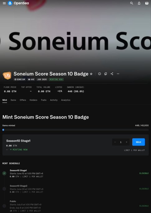 The image is a screenshot of an online video game show called "Season 10" that ended recently. The focus of this screenshot appears to be related to the badges awarded during Season 10, with one badge being minted for reaching a score point of 80 or above. Additionally, there's an item titled "Minist Sonium Score Season 10 Badge" located in the lower part of the screenshot, possibly referring to another Soneum-related achievement or accomplishment.
