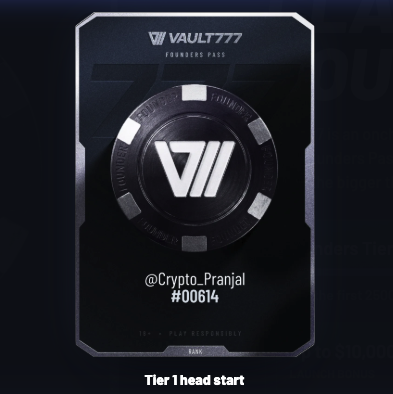 A sleek black Vault777 Founders Pass digital card displays a prominent chip-style emblem with the "V//" logo, a Tier 1 head start indicator, and the unique founder number "#00614" tied to the handle @Crypto_Pranjal—visually representing the early-claim XP advantage and limited 2,500 member allotment highlighted in the post.
