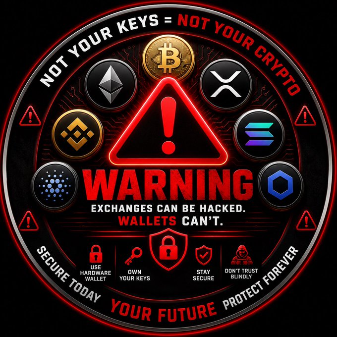 A red and black warning graphic about cryptocurrency security, displaying 'NOT YOUR KEYS = NOT YOUR CRYPTO' and 'WARNING: EXCHANGES CAN BE HACKED. WALLETS CAN'T.', featuring logos for Bitcoin, Ethereum, XRP, Binance, Solana, Cardano, and Chainlink.
