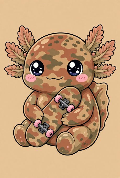 A kawaii-style digital drawing of a cute axolotl with a camouflage pattern, large glossy eyes, pink cheeks, and feathery external gills, holding a matching camouflage skateboard with pink wheels.