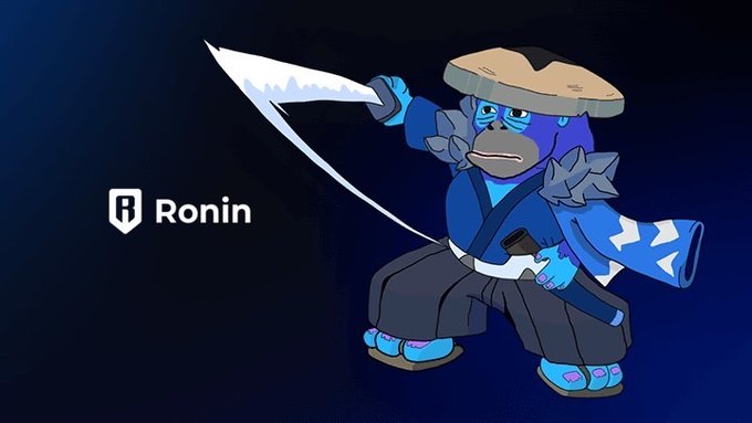 This image features the "Ronin" logo alongside a stylized blue monkey in samurai attire, ready to strike with a sword. The post contrasts this visual representation with its statement that the "true 'Ronin'" is Ronke.
