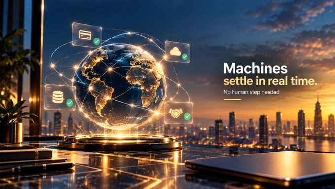 A digital promotional graphic featuring a glowing globe with interconnected holographic icons (credit card, cloud, database, handshake) set against a cityscape at sunset, with the tagline 'Machines settle in real time. No human step needed.'