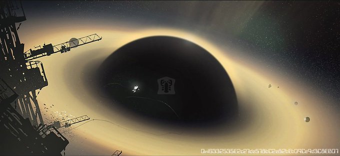 A dramatic space scene showing a large dark planet or black hole with a glowing ring, silhouetted space structures on the left, and small debris floating in the starry background.