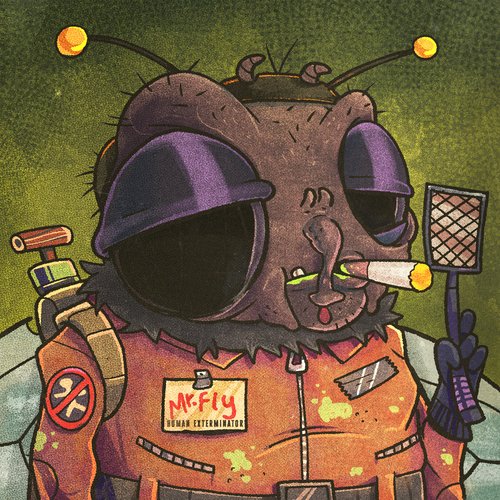 A cartoon-style illustration of a fly-like exterminator character in an orange jumpsuit, smoking a cigarette and holding a fly swatter, with a name tag reading "MR. FLY HUMAN EXTERMINATOR".