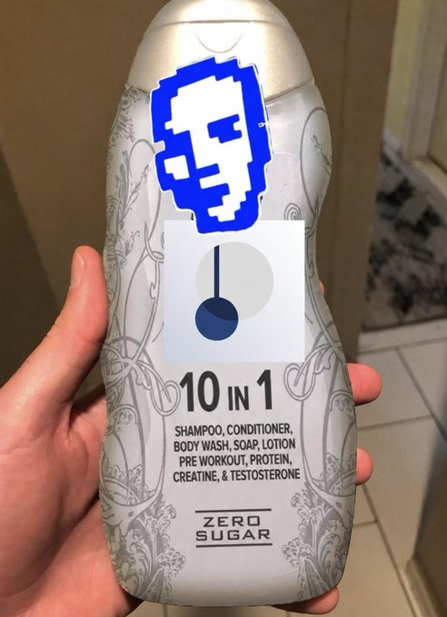 A hand holds a silver bottle of '10 IN 1' shampoo, conditioner, body wash, soap, lotion, pre-workout, protein, creatine, and testosterone, marked 'ZERO SUGAR' and featuring a pixelated face and pendulum graphic.
