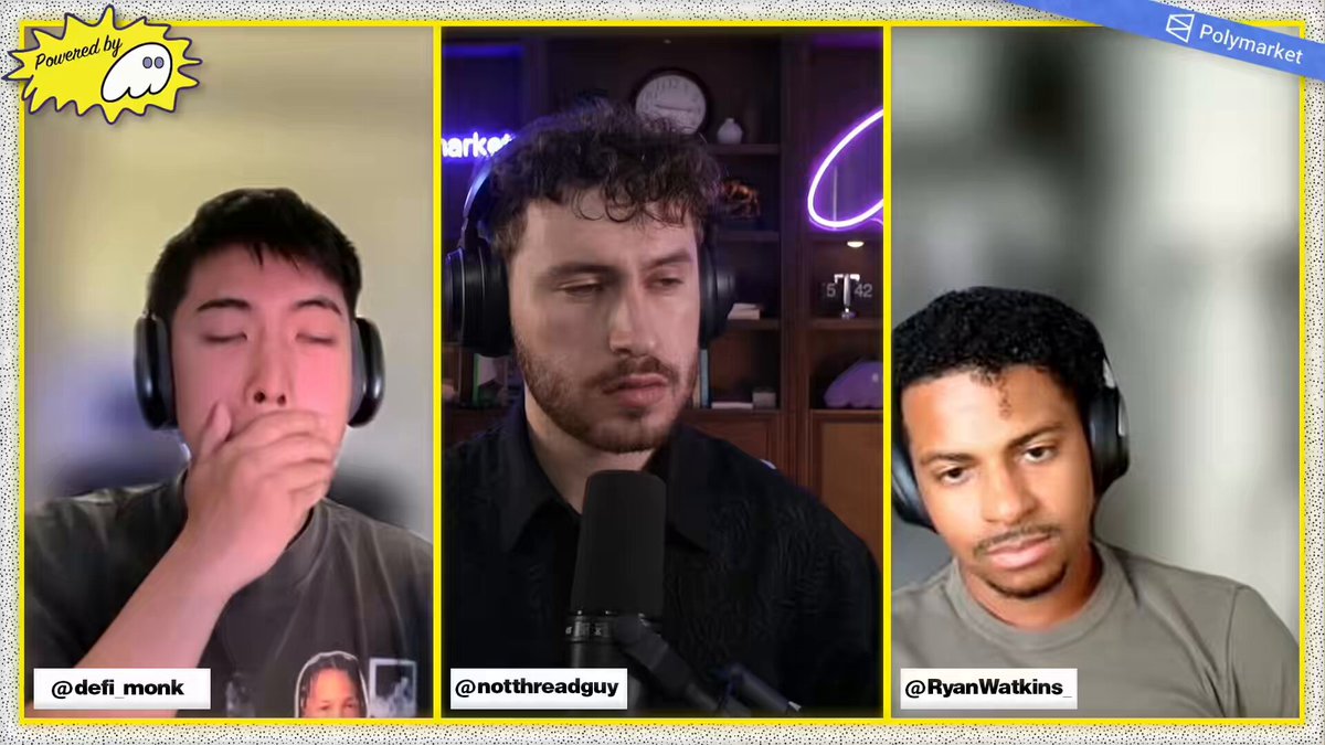 The image shows three men wearing headphones, each with their own microphone, positioned at different angles within the frame. The background appears to be a computer screen displaying a message or caption related to the content being discussed by the men.