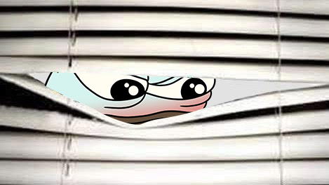A cartoon "Pepe the Frog" face peeks curiously through window blinds, mimicking the act of secretly watching someone's transactions. The image ties to the SYMM token post by playfully suggesting users can now "spy" on every buyback and token burn through the provided tracker link.