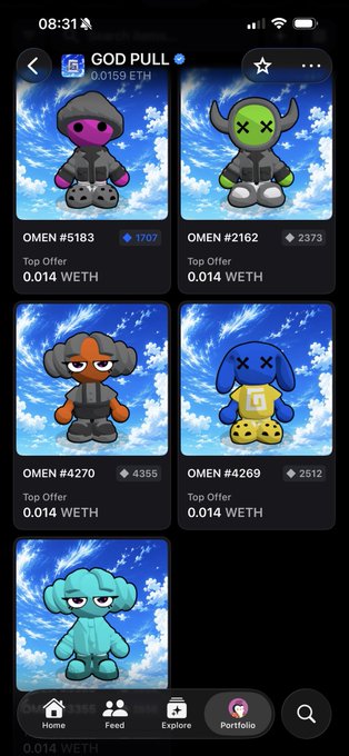 A smartphone screenshot of a cryptocurrency NFT marketplace displaying 'GOD PULL' collection items (OMEN #5183, #2162, #4270, #4269) priced at 0.014 WETH each against a cloudy sky background.