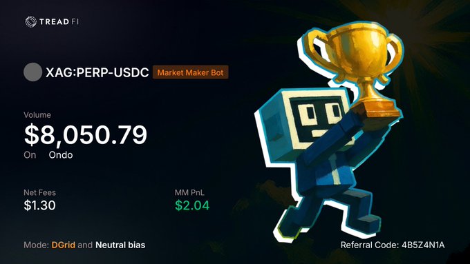 The image features a poster for a game called "gTread" with a character holding a trophy, possibly representing a player who has won a competition or achieved something significant within the game. The poster also includes information about the game's market maker bot and its volume of trading activity. The text on the poster reads: 
"gTread Thank god DynamicGrid exists on @tread_fi My market making positions on @OndoPerps aren't just printing volume ... what are you even doing app.tread.fi/referral/4B5Z4".