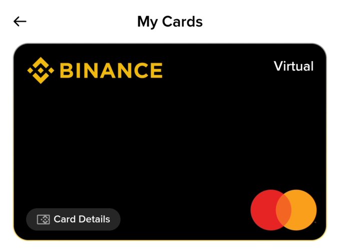 A screenshot of a digital Binance virtual card interface showing a black card with the Binance logo and Mastercard symbol, with options for "Card Details" and a back arrow next to "My Cards".