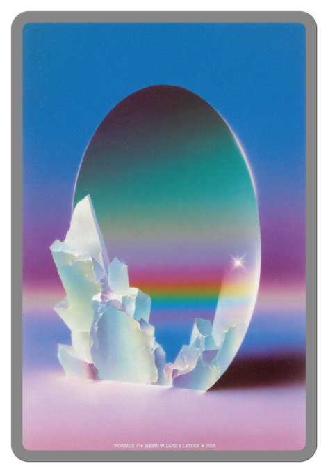 A tarot card titled 'PORTALS' featuring an iridescent egg-shaped portal with crystals at its base and a rainbow light beam, credited to WEIRD WIZARD X LITBOX.
