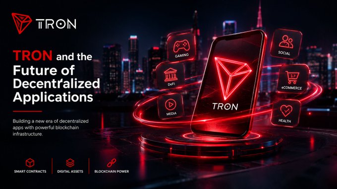 A promotional graphic for 'TRON' with the text 'TRON and the Future of Decentralized Applications' and 'Building a new era of decentralized apps with powerful blockchain infrastructure', featuring a smartphone with the TRON logo surrounded by icons labeled 'GAMING', 'SOCIAL', 'DEFI', 'ECOMMERCE', 'MEDIA', and 'HEALTH' against a city skyline.