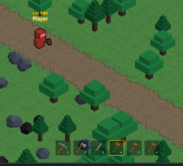 A voxel-style game screenshot shows a level 100 "Player" character holding an axe on a dirt path surrounded by green trees and rocks, with a tool selection bar at the bottom highlighting the 4th hammer option. The image reflects the post's message of ongoing development, showcasing the in-game building/economic mechanics being refined.