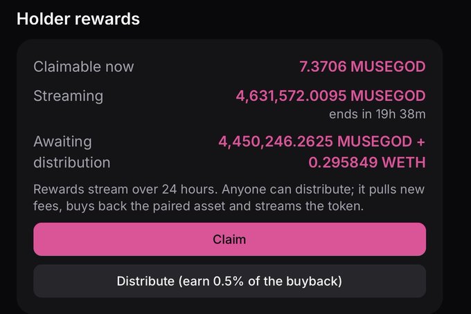 A "Holder rewards" dashboard displaying MUSEGOD token earnings with 7.3706 MUSEGOD claimable now, 4,631,572.0095 MUSEGOD currently streaming (ending in 19h 38m), and 4,450,246.2625 MUSEGOD plus 0.295849 WETH awaiting distribution, featuring a pink "Claim" button and a "Distribute (earn 0.5% of the buyback)" button. The image illustrates the fee distribution mechanism on pools.fun for the MUSEGOD token, showing how rewards stream to holders over 24 hours and how anyone can trigger the distribution function to earn a 0.5% incentive from the buyback process.
