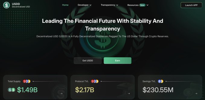 The USDD cryptocurrency website homepage with the tagline 'Leading The Financial Future With Stability And Transparency', showing Total Supply of $1.49B, Protocol TVL of $2.17B, and Savings TVL of $230.55M.