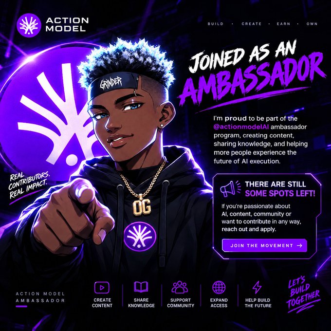 A vibrant purple and black promotional graphic announcing "JOINED AS AN AMBASSADOR" for "ACTION MODEL AI", featuring a cartoon character with a "GRINDER" headband and a "DG" chain, with text "REAL CONTRIBUTORS. REAL IMPACT." and "THERE ARE STILL SOME SPOTS LEFT!".