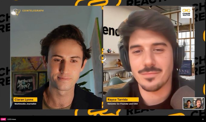 Screenshot of a Cointelegraph Chain Reaction livestream interview between Ciaran Lyons (Multimedia Journalist) and Rayco Tarrida (Kenomic Co-Founder & CEO).