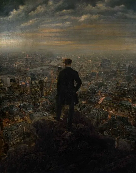 A solitary figure in a long coat stands atop a rocky outcrop, gazing over a vast, illuminated cityscape beneath a brooding, cloud-streaked sky—evoking a sense of commanding oversight reminiscent of the Wanderer above the Sea of Fog. The image complements the post's announcement of a new leverage strategy issue, with the lone observer symbolizing a strategic vantage point over the DeFi landscape involving protocols like Boros, Pendle, Chainflip, and Mantle.