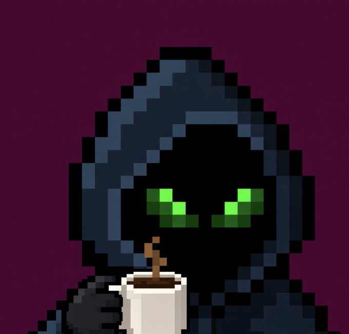 A pixel art character in a dark hooded cloak with glowing green eyes holding a white mug, set against a maroon background.