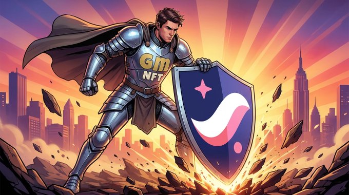 The image features a cartoon illustration of a man dressed as a knight wearing a metal suit with a shield that has a blue and pink logo, symbolizing the Starknet game. The man appears to be holding a sword and shield, ready for battle against evil forces. The background shows an urban cityscape filled with buildings, suggesting that the game is set in a virtual world where players can engage in various activities such as fighting monsters or exploring cities.

The post mentions that the game is focused on NFTs (Non-Fungible Tokens) and E2E private games, which implies that it could be related to the Starknet community or an online gaming platform. The image also includes a caption about the importance of protecting tokens in the game, possibly referring to the Starknet game's concept.