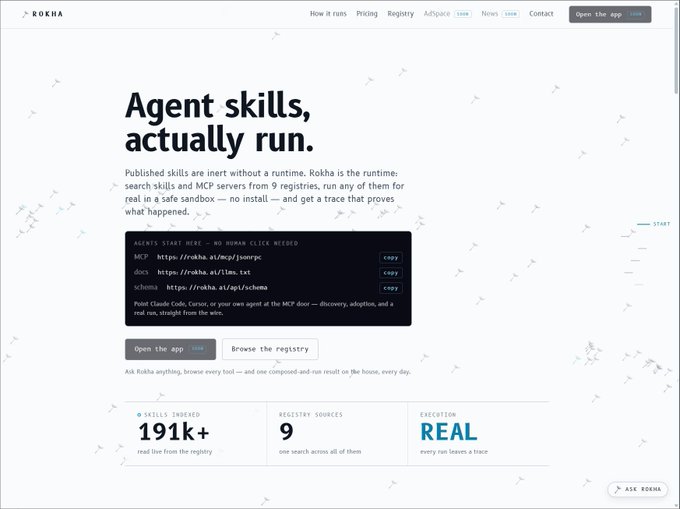 Promotional webpage for Rokha featuring the headline 'Agent skills, actually run.' The page describes published skills as inert without a runtime and lists registry sources like MCP, DoS, and Schema, with stats showing 191k+ skills indexed and 9 registry sources.