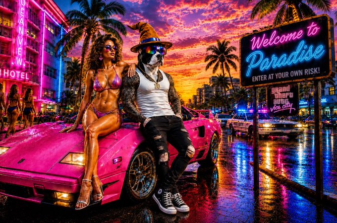 A vibrant neon-lit scene from Grand Theft Auto: Vice City showing a man with a dog head wearing a wizard hat and a woman in a bikini posing on a pink sports car, with a neon "Welcome to Paradise" sign reading "ENTER AT YOUR OWN RISK!"