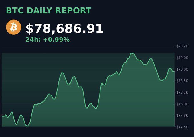 A BTC Daily Report chart showing Bitcoin at $78,686.91 with a 24h increase of +0.99%, displayed with a green line graph on a dark background.