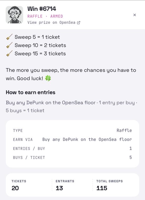 A screenshot of a raffle interface titled "Win #6714" showing that buying DePunks on OpenSea earns entries, with sweep tiers and stats showing 20 tickets, 13 entrants, and 115 total sweeps.