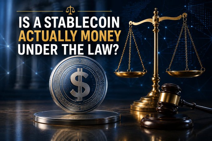 The image features a silver stablecoin with a dollar sign alongside golden scales of justice and a gavel, illustrating the post's central question: "IS A STABLECOIN ACTUALLY MONEY UNDER THE LAW?" The legal symbols emphasize the post's exploration of whether stablecoins qualify as money under legal frameworks despite their mainstream use.