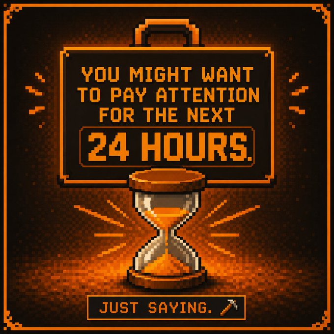 A pixel-art style warning graphic featuring an hourglass and a briefcase with the text 'YOU MIGHT WANT TO PAY ATTENTION FOR THE NEXT 24 HOURS. JUST SAYING.' in orange and black tones.