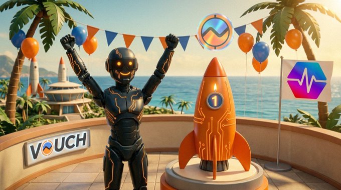 A 3D rendered scene shows a black robot with glowing orange accents raising its arms next to an orange rocket ship, with a "VOUCH" sign and a tropical background.