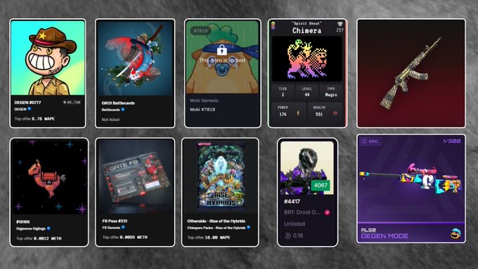 A grid of 10 NFT digital collectibles displays various items including a "Squirrel Scout," "Chimera," weapons, a cassette player labeled "PB Piece #231," and "Rise of the Hybrids" artwork with prices and ownership details.