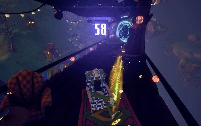 Video game screenshot showing a character in a whimsical, dimly-lit environment with the number 58 displayed.