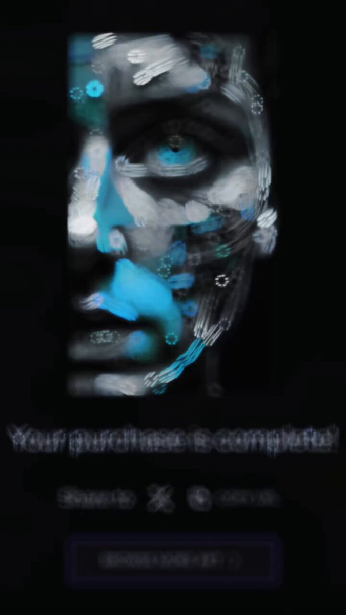 The image features a digital art piece that depicts an abstract face with blue eyes, giving it a surreal appearance. The artwork is displayed on a poster or a website, possibly for an exhibition or a sale event. The text "Your purchase here is complete" can be seen in the bottom right corner of the image, indicating that the buyer has completed their transaction and can now enjoy the art piece they have purchased.