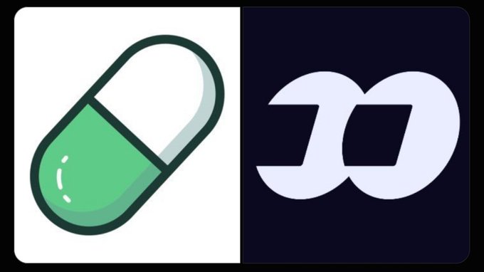 Two logos displayed side by side: a green and white pill capsule icon on the left, and a stylized silver infinity-like 'D' logo on a black background on the right.