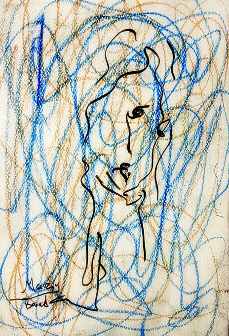 A sketchy abstract drawing in blue, orange, and black pastels depicting a stylized figure of a person, signed in the bottom left corner.