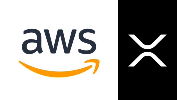 The image displays the Amazon Web Services (AWS) logo alongside the XRP cryptocurrency logo, visually linking AWS's cloud computing giant with Ripple's XRP token—reinforcing the post's claim that AWS is dedicated to exploring XRP for payments across its millions of business clients.