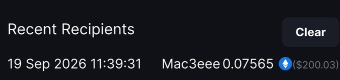 A "Recent Recipients" notification dated 19 Sep 2026 11:39:31 shows Mac3eee winning 0.07565 ETH ($200.03), corresponding to the post celebrating Mac3eee's $200 win from MetaWin.