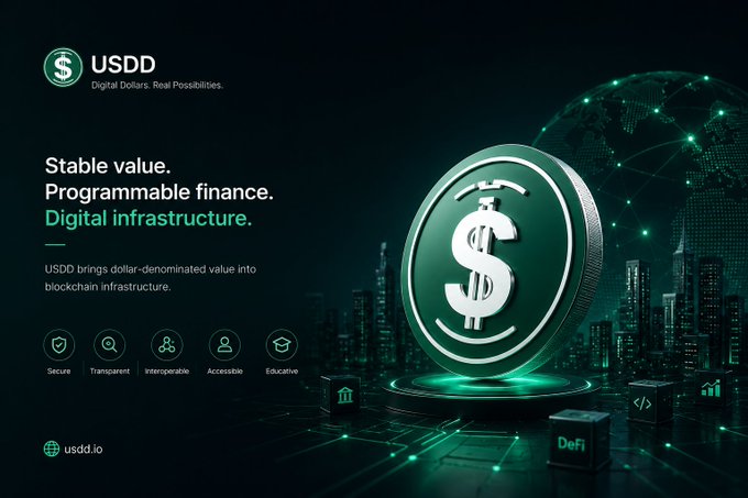 A promotional graphic for USDD cryptocurrency, displaying the tagline 'Digital Dollars. Real Possibilities.' with marketing copy emphasizing 'Stable value. Programmable finance. Digital infrastructure.' and the website usdd.io.