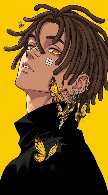 An illustration of a young person with brown dreadlocks, golden eyes, a bandage on their cheek, and an ornate gold ear piece with butterfly motifs against a bright yellow background.