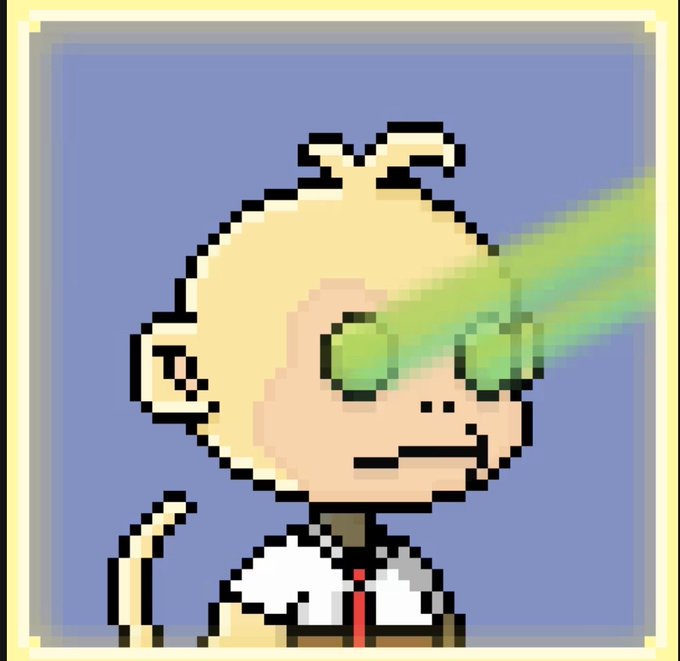 A pixel art portrait of a bald baby character in a white shirt and red tie shooting green laser beams from its bloodshot eyes, framed in a yellow border.