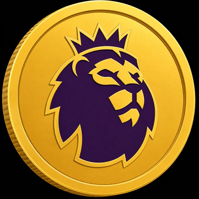 A purple and gold coin featuring a stylized lion's head logo (resembling the Premier League trophy) against a black background.