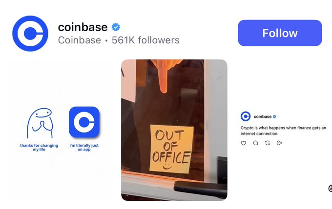 A screenshot of Coinbase's LinkedIn page shows 561K followers alongside an "Out of Office" sign and a profile post captioned "Crypto is what happens when finance gets an internet connection," seemingly posted as a playful jab at rival Binance over their repeated $FLORK social media activity.