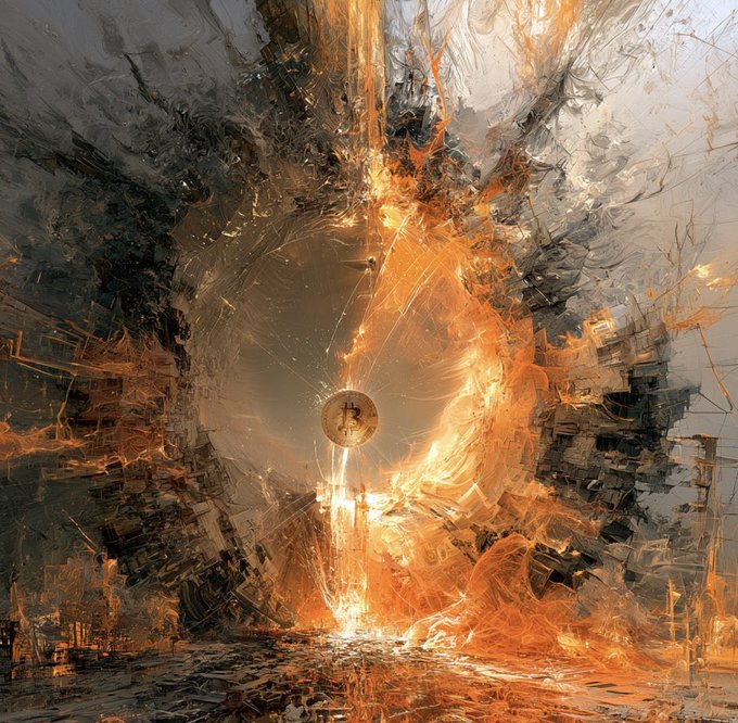 An abstract digital artwork featuring a golden Bitcoin coin amidst swirling orange and gray textured patterns resembling a portal or vortex.