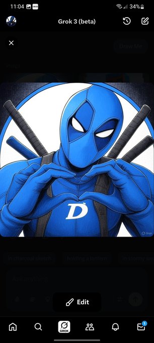 A smartphone screenshot of the Grok 3 (beta) app showing a generated blue Deadpool-style superhero making a heart gesture.