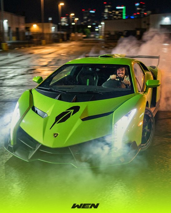 A vibrant green Lamborghini Veneno does a smoky burnout at night with a smiling driver behind the wheel, perfectly capturing the bold "Choose the dream" sentiment, with "WEN" displayed at the bottom referencing Wen Lambo's post.